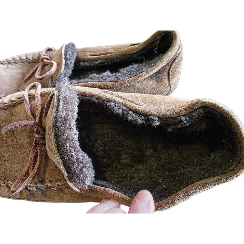 L.L. Bean Men Moccasin Suede Sherpa Lined Slipper Brown Sz 9